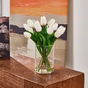 DR.Planzen 12" Artificial White Tulips in Glass Vase with Faux Water, Real Touch Faux Tulip Arrangement, Elegant Spring Table Centerpiece for Home, Wedding & Mother’s Day Decor