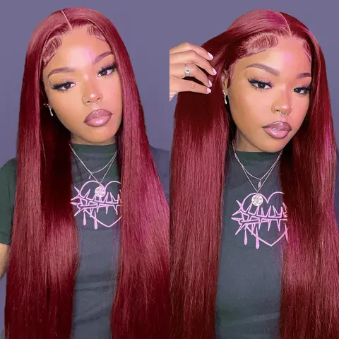 OQHAIR 99J Burgundy Color Wear Go Glueless Wig Pre-cut 7x5 Lace Straight Human Hair Wig Preplucked with Natural Hairline Springtok