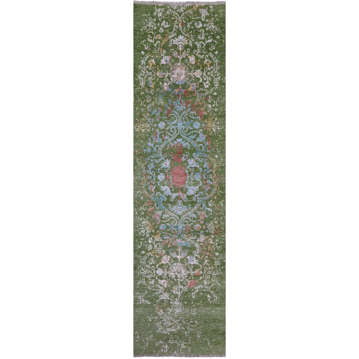 Green Persian Tabriz Hand Knotted Wool & Silk Runner Rug - 2' 7" X 10' 0"