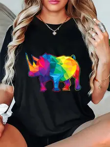 100% Cotton Unisex Polygonal Rhinoceros - Zoologist Rhino Safari Animal Lover Round Neck Short Sleeve T-Shirt Women's Men Graphic Tee
