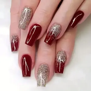 24 Pieces Per Box Glitter Gold Powder Wine Red Bride Nail Art Medium Length Fake Nails Suitable for New Year Festival Wear Four Boxes