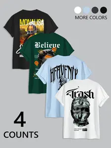 Men's Letter Print Round Neck Tee, Regular Fit Casual Short Sleeve Crew Neck Stretch T-shirt for Summer, Men's Top for Daily Wear, Poly Single Jersey Tee