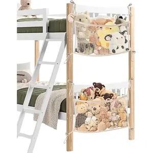 2 Pack Beige Cotton Stuffed Animal Storage Net for Kids, Bedside Toy Organizer with Tether, Stretches up to 35 Inches