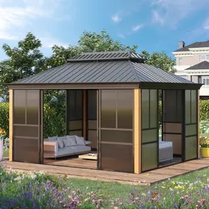 12 Ft. W X 10 Ft. D Outdoor Hardtop Gazebo with Sliding Door, Double Top Galvanized Steel Roof Aluminum Sunroom
