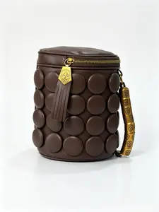 2026 New Women's Cylindrical Bag, Handmade PU Leather Shoulder Crossbody Bag, Large Capacity, Vintage Button, Versatile Accessory