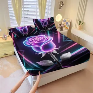 Three-piece fitted sheet set, Bed sheets set, including a fitted sheet and a bedspread, made of luxury microfiber, soft and breathable, removable, suitable for bedroom use, easy-care fabric, rose-themed Valentine's Day gift