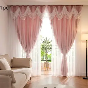1pc Room Darkening Integrated Curtains with Waterfall Valance Pink Grey Grommet Style Same Color on Both Sides High Blackout Thermal Insulated Privacy Protect