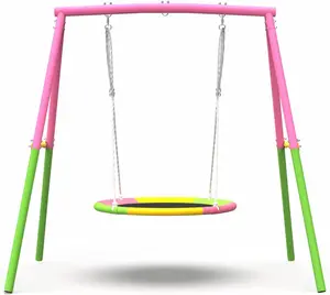 40" Saucer Swing with Frame for Kids Outdoor, 440lbs Swing Heavy Duty Metal Outdoor Swing Stand, Contain 1 Adjustable Ropes Saucer for Playground - Backyard Playset, Pink