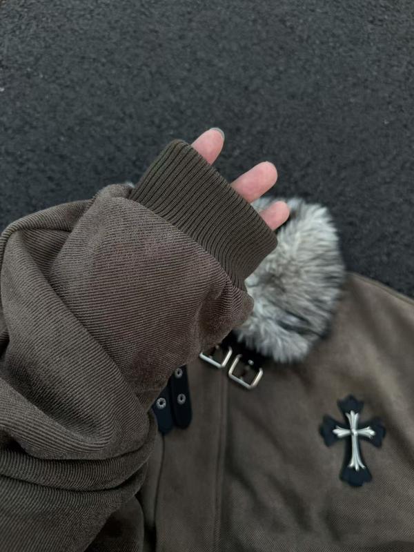 Unisex American Vintage Faux Fur Trim Mountain Carved Cotton Jacket, fleece lining + faux fur trim design + metal button decoration + cross embroidery + side zipper pocket + durable fabric construction, perfect for commuting or everyday street style, prov