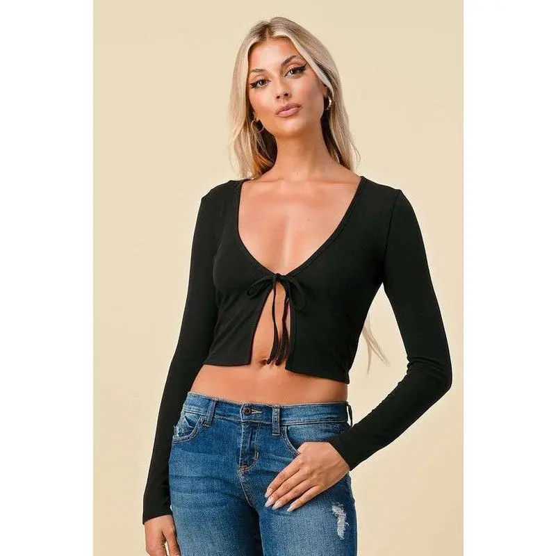 Black Ribbed Crop Tie Cardigan