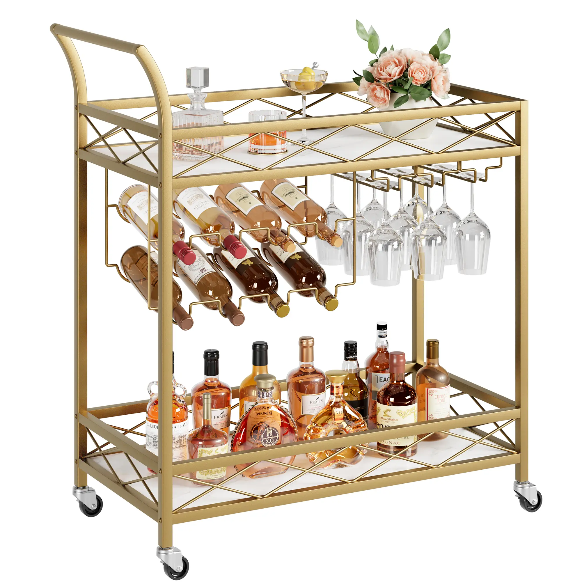 Two-tier household bar service trolley with lockable wheels, movable beverage trolley, equipped with wine rack and glass rack, portable wine trolley for kitchen, dining room and living room, golden color.