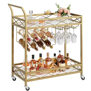 Two-tier household bar service trolley with lockable wheels, movable beverage trolley, equipped with wine rack and glass rack, portable wine trolley for kitchen, dining room and living room, golden color.
