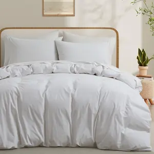 100% Washed Cotton Duvet Cover Queen Size, White Like Breathable Natural Bedding Set (No Comforter), 90x90 Inches