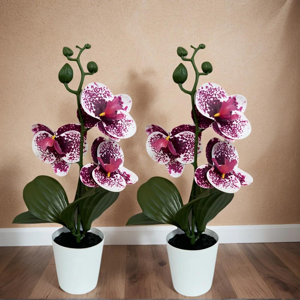 2/4pcs Elegant and Beautiful Phalaenopsis Orchid Potted Plant, Realistic Unique Purple Spotted Flowers with Pot