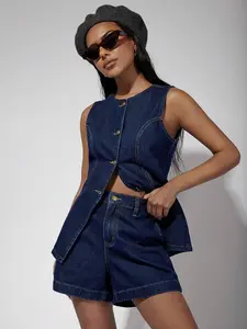 COSMINA Denim Women's Single-Breasted Denim Vest And Shorts Casual Suit, Old Money, Vintage, Fall Women Clothes