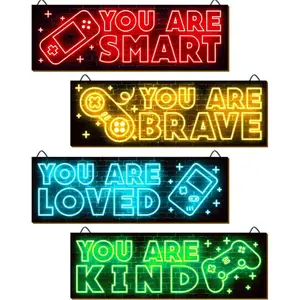 Neon 4pcs Game Art Prints - 12 x 4 Inch Wall Decor for Boys Room, Modern Home Decor with Inspirational Quote, 3 Unique Wall Art Prints - Photo