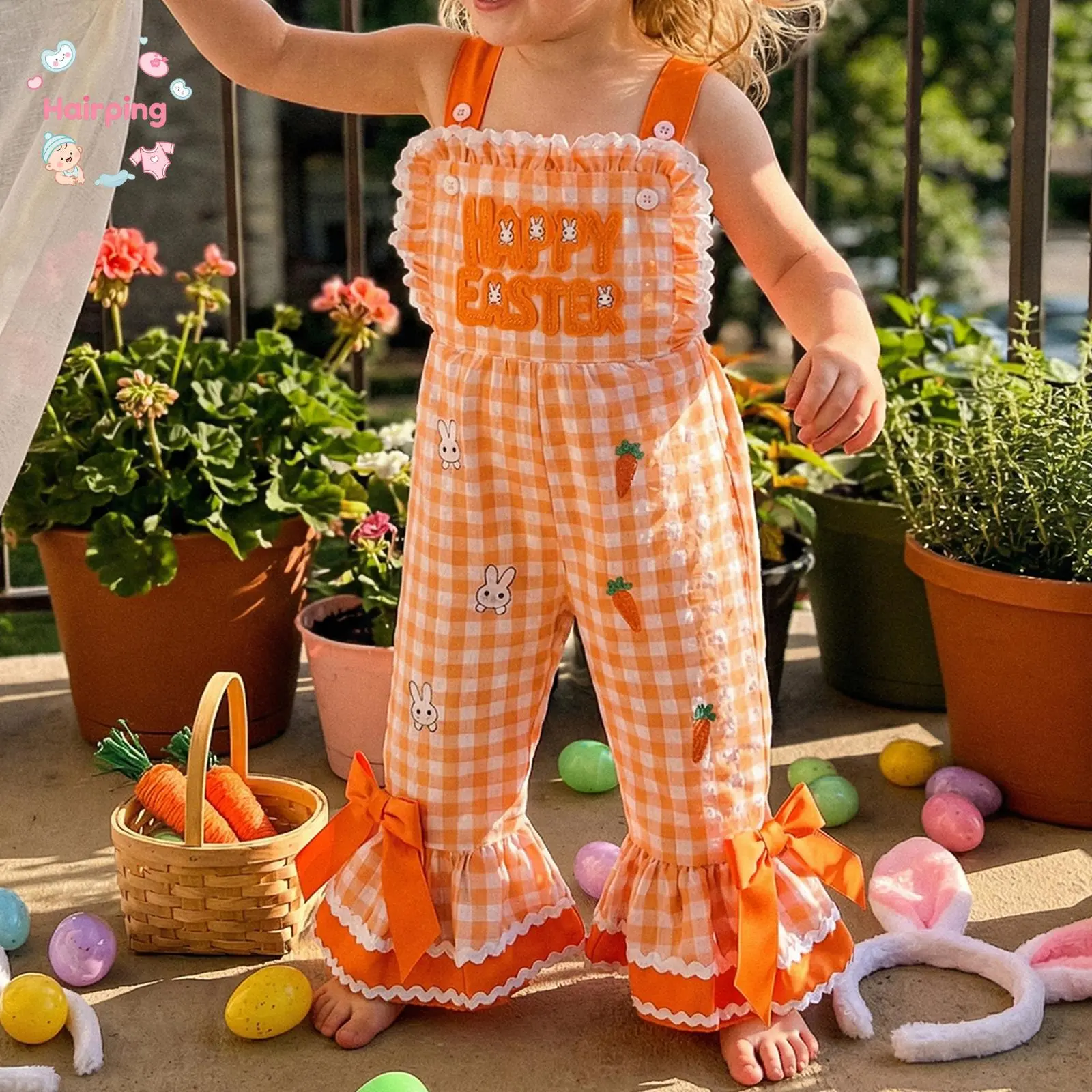 Cute Toddler Happy Easter Romper - Vibrant Orange & White Gingham Breathable Fabric Overalls, Budget-Friendly for Gift & Easter Photoshoots