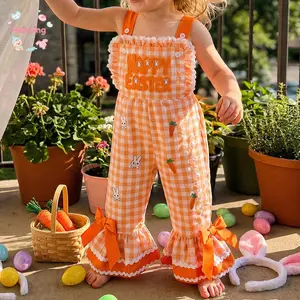 Cute Toddler Happy Easter Romper - Vibrant Orange & White Gingham Breathable Fabric Overalls, Budget-Friendly for Gift & Easter Photoshoots