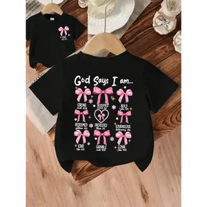 "God Says I Am Strong" Print Baby Girls' Round Neck Short Sleeve Soft Tie Front Black Daily Wear Top - Adorable Bow, Pearl, Heart Details, Daily Wear Tops, Adorable Bow Detail