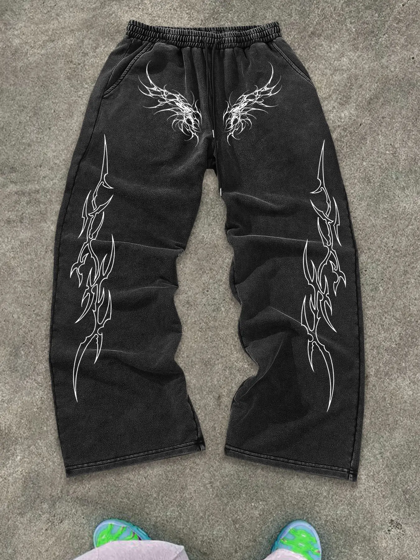 Men's Oversized Tribal Print Joggers: Heavyweight Acid Wash Black Pants. The Ultimate Comfortable Fit for a Unique Vintage Aesthetic & Casual Cool Look Tracksuit Pants #WashedPants #Streetwear #Y2KStyle