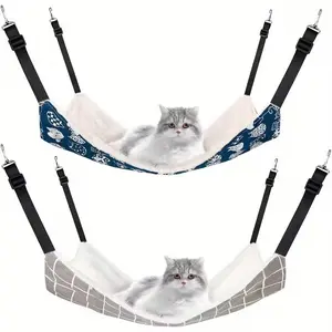 Jetec 2 Pack Cat Hammock for Cage, Catio Accessories Reversible Soft Cats Bed with Adjustable Straps and Hooks Double-Sided Linen and Fleece Hanging Hammock for Cats