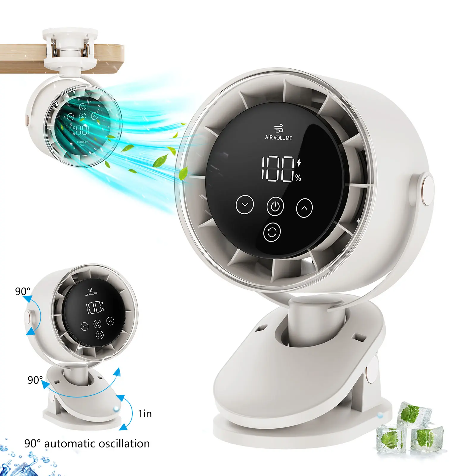 CoolHYFan Pocket-Size Portable Clip Multifunctional Handheld Turbo Fan - 100-Speed Digital Control, Auto Oscillation, Digital Display Touch Buttons, Low Noise Cooling, Rechargeable Personal USB Charging Fan with Batteries for Travel, Office