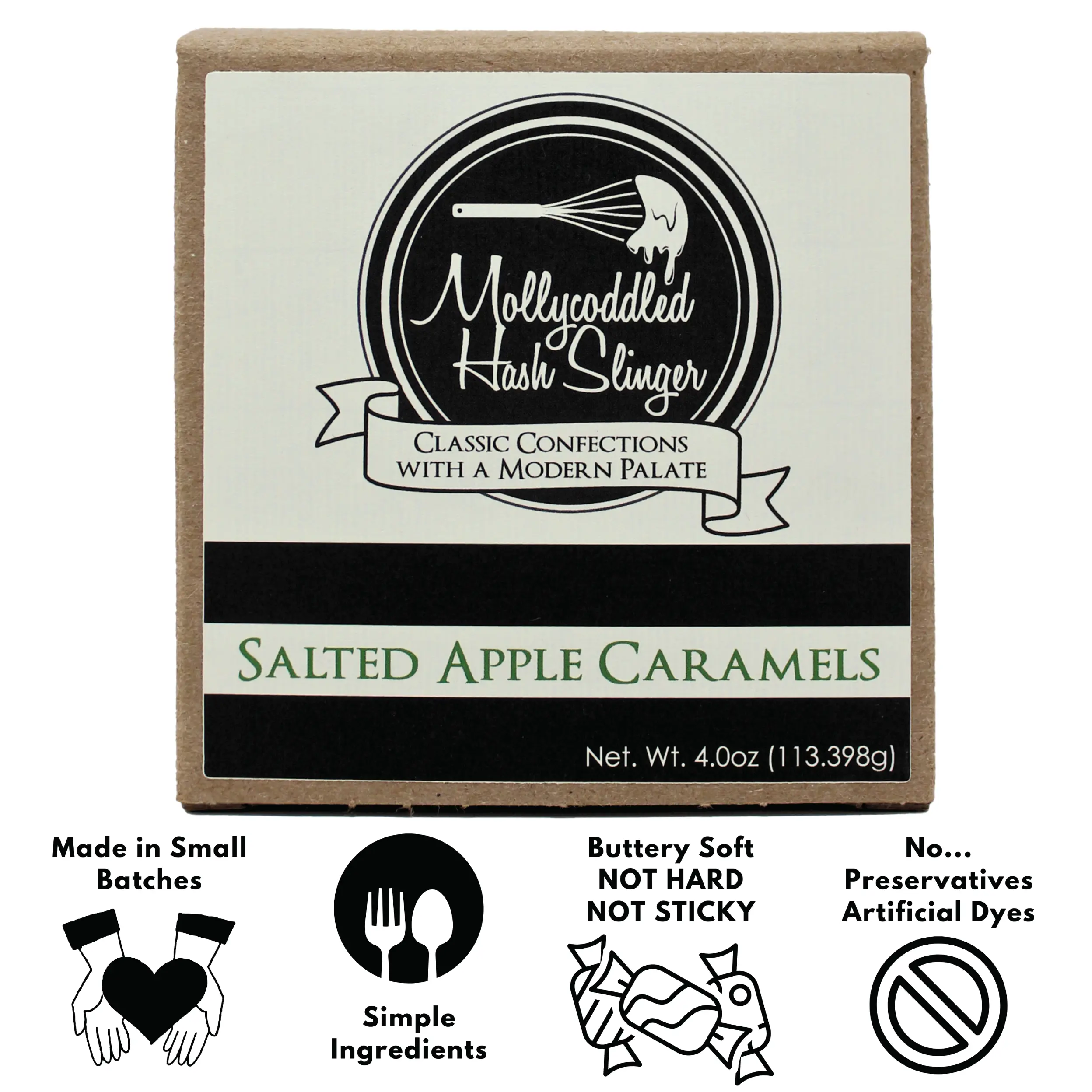 Mollycoddled Hash Slinger - Salted Apple Caramels - 4oz box - Handmade Soft Caramels - Individually Wrapped Candy - Candy Gifts - Gluten Friendly Candy - Dye Free Candy - Sweets - Small Batch - Preservative Free Food - Snack retro candy boomer candy