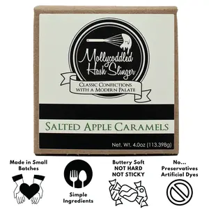 Mollycoddled Hash Slinger - Salted Apple Caramels - 4oz box - Handmade Soft Caramels - Individually Wrapped Candy - Candy Gifts - Gluten Friendly Candy - Dye Free Candy - Sweets - Small Batch - Preservative Free Food - Snack retro candy boomer candy