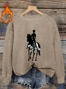 Women's Autumn Winter Equestrian Silhouette Mock Neck Sweater, Casual Fitted Graphic Knit Top, British Style Pullover