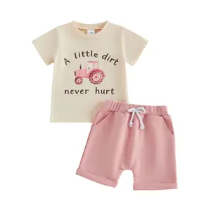 Baby Girl Toddler Girl Tractor Letter Print Short Sleeve T-Shirt Pink Shorts 2 Piece Set Summer Farm Theme Casual Outfits Clothes