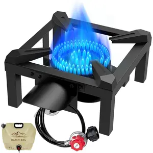 Burner, 100,000 BTUs High  Single  Stove - Heat Shield and Guard, 4.1ft Adjustable Hose with Regulator, Gas Stove for Outdoor Cooking, Turkey Fry, Seafood Boil
