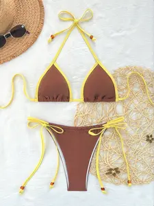 2026 Women's Colorblock Triangle Cup Bikini Set, Halter Tie Design, Cute Swimwear for Beach and Pool