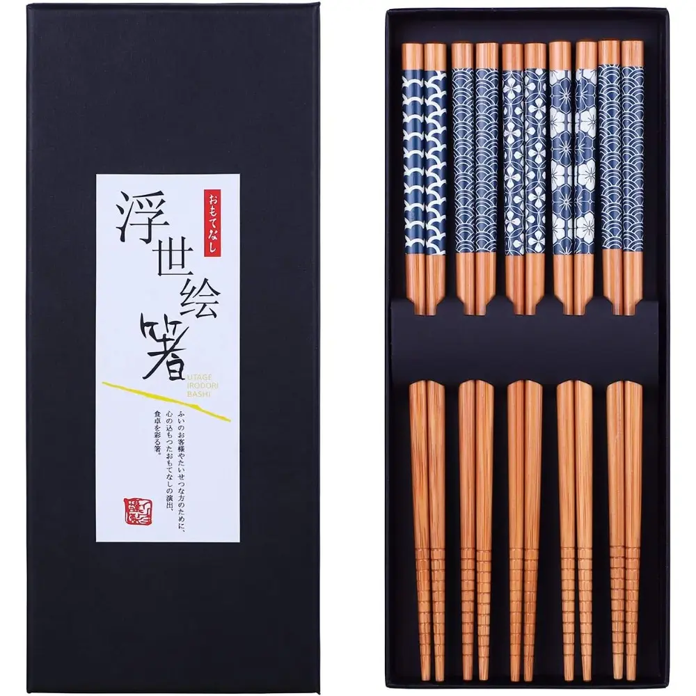 Natural Wood Bamboo Chopsticks Set - 5-Pair Durable Reusable Japanese Look Cutlery, Dishwasher Safe 8.8in/22.5cm Minimalist Ends Household Tableware with Gift Box, Wooden Kitchenware Set, Five Pairs
