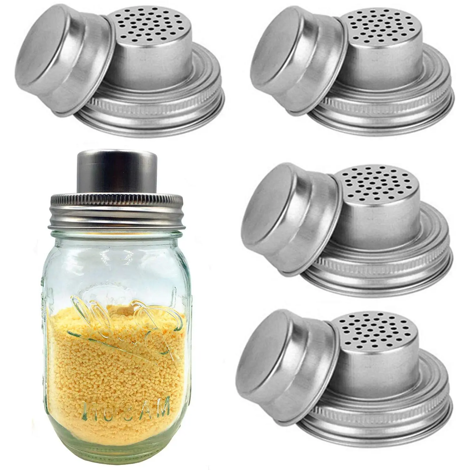 4-Pack Regular Mouth Mason Jar Shaker Lids – Stainless Steel Spice & Powder Shaking Lids with Silicone Seals & Caps for Kitchen, Flour & DIY Crafts Cover Metal Utensils Leakproof