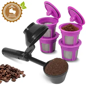 Reusable K-Cup Coffee Filter Set, 4-Pack with Ez-Scoop 2-Tbsp Scoop, Integrated Funnel, Refillable Pods for Keurig Machines