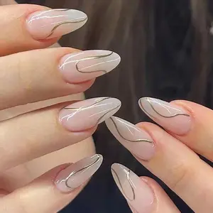 24 Pieces of Almond Shaped Irregular Golden Line Pattern Fake Nails&1 Nail File and 1 Piece of Jelly Glue