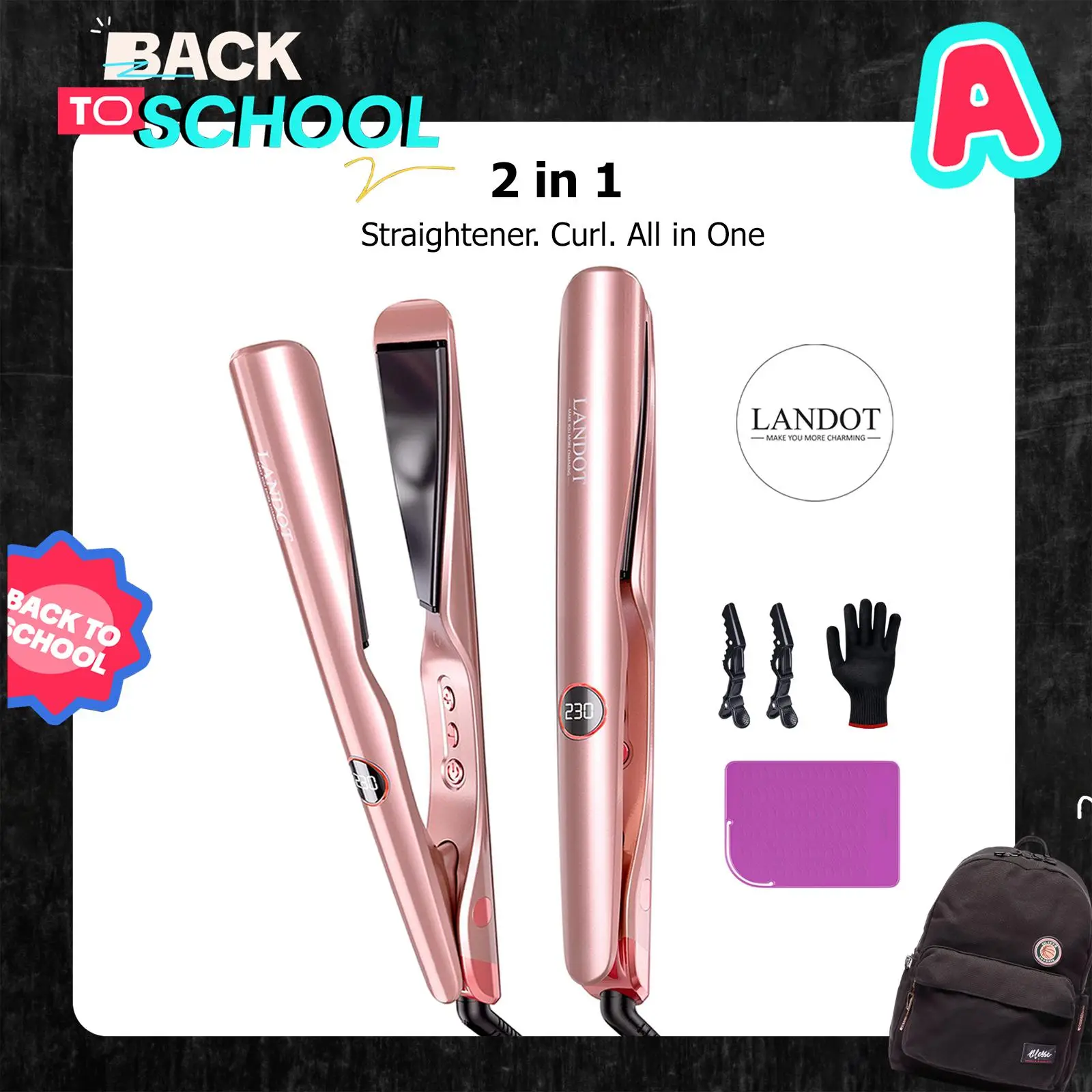 LANDOT 2-in-1 Flat Iron Curling Iron | 30s Heat-Up 12 Temp Settings & Ceramic Coating | Salon-Perfect Straightening & Curling | Tangle-Free Design wit
