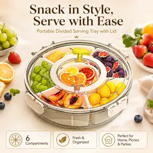 6-Compartment Portable Divided Serving Tray with Lid, Handle, and Secure Locks – Reusable Home Organizer Storage Bin for Parties, Picnics