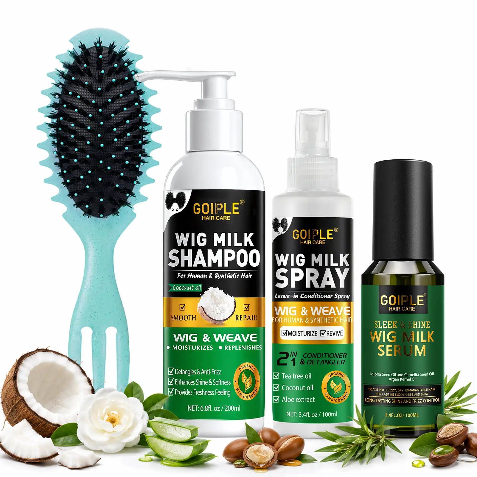 4‑Counts Wig Care Kit For Human & Synthetic Wig, Wig Milk Spray Wig Milk Shampoo Detangle Anti‑Frizz Wig Shampoo Spray Serum With Brush