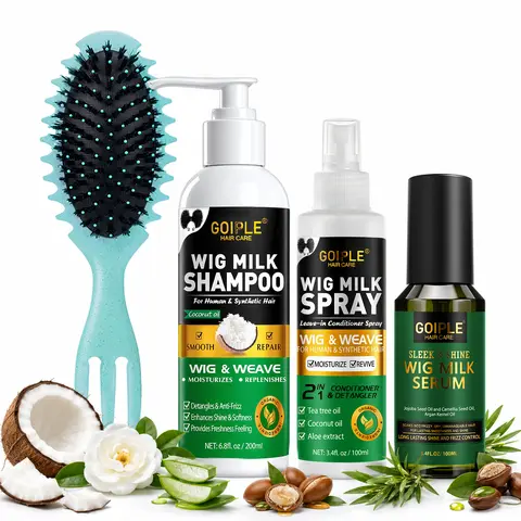 Goiple 4-Count Wig Hair Care Products Kit - Cleanser (Liquid Shampoo), Conditioner (Milk Spray), Detangling Serum, Brush, Fluffy Frizz Control, Hydrating Repair, Freshness Boost for Human & Synthetic Wigs