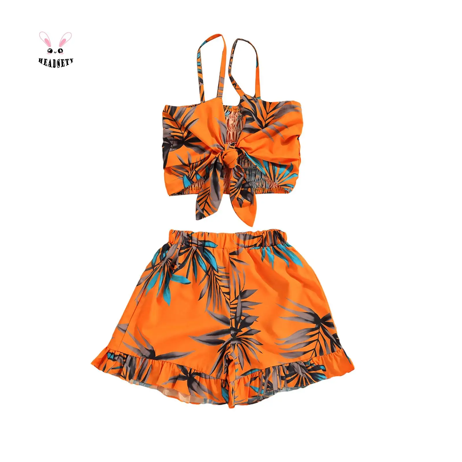 Girl Tops, Shorts Suit, Bowknot Sling Summer Shirt Leaf Printed Beach Vest Loose Pants, Orange