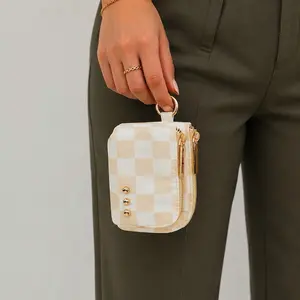 Pretty Simple Cameron Double Zip Clippable Card Wallet Checkered Tan Nylon