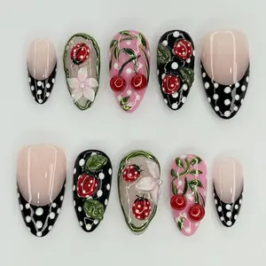 3D Ladybug & Cherry Press-On Nails, Black-White Polka Dot French Tip, Cute Almond Fake Nail Tips, Fake Nails