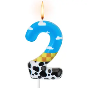 Toy Inspire Game Birthday Number Candles Cartoon Cake Topper Blue Sky and White Cloud Cow Birthday Candle for Boy Girl Party Decor Supplies(Number 2)
