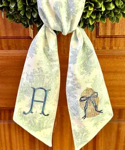 Custom pale blue summer rattan wreath sash, personalized toile swag, monogrammed grandmillennial wreath scarf gift, beach house decor