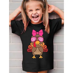 [Cute Turkey Print T-Shirt] Girls' Cute Turkey Print T-Shirt | Thanksgiving , Casual Knit Top, Polyester, Round Neck, Stretch Fabric, Cartoon Pattern, Spring/Summer,  Fashionable Girls' Tee