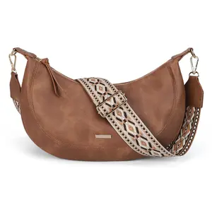 Boho Leather Crescent Bag Crossbody for Women Medium Half Moon Hobo Purse and Retro Shoulder Bag with Multi Pockets | Fit Pad mini, A5 Notebook, 4 Card Slots