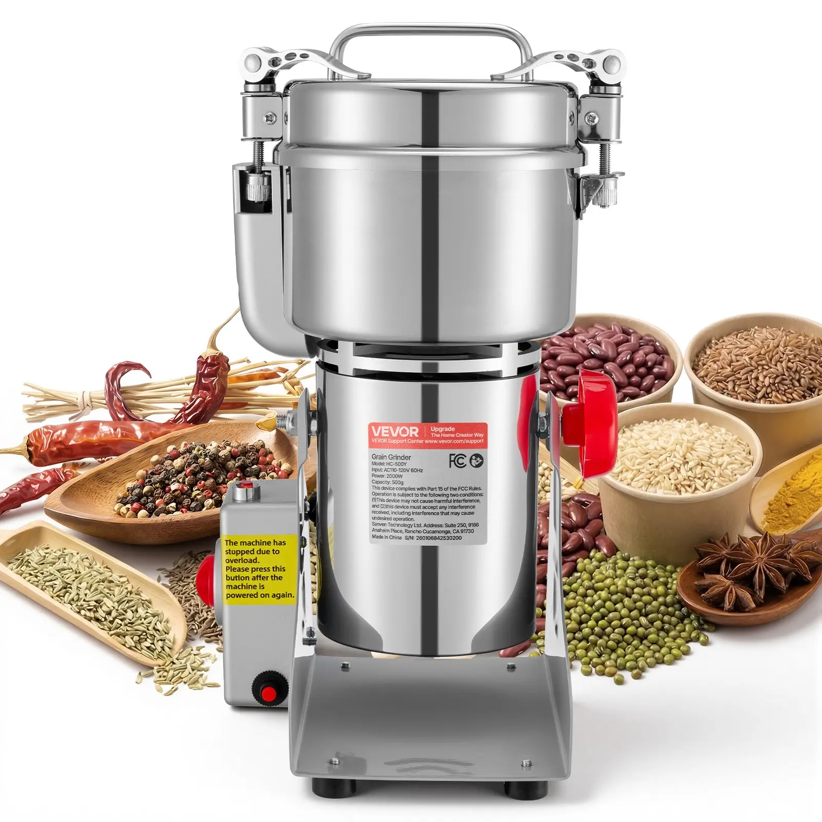 VEVOR 500g Electric Grain Mill Grinder Powder Machine, 2000W 28000RPM High-Speed Stainless Steel Pulverizer, 270 Swing Type for Grinding Dried Grains, Nuts