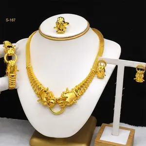 Dubai 24K woman Gold-plated Wedding Jewelry Four-piece Set Bone Chain Necklace Bracelet Earring Ring Bride Adjustable Accessory