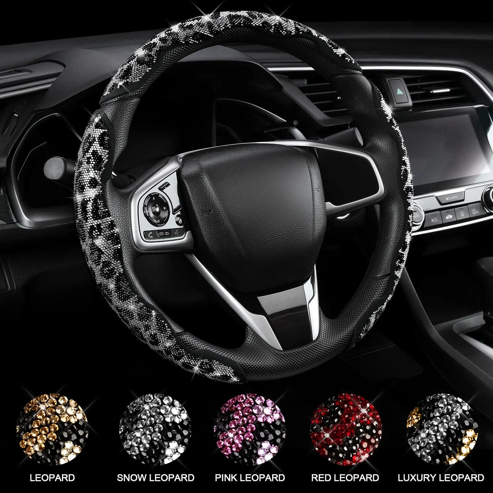Queen's Land Leopard Universal Steering Wheel Cover with Crystal Rhinestones Diamond Bling Car Cheetah Decor Gift for Girls Women Pink Red Black Leopard Car Accessories for Truck SUV